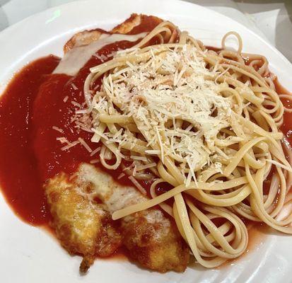 Chicken parmigiana with linguine