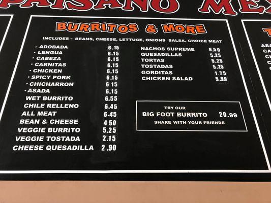 The Paisano Burrito Menu