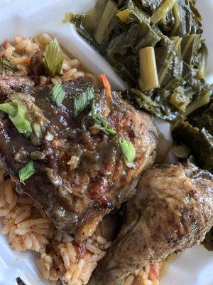 Jerk Chicken on jambalaya rice with collard greens.