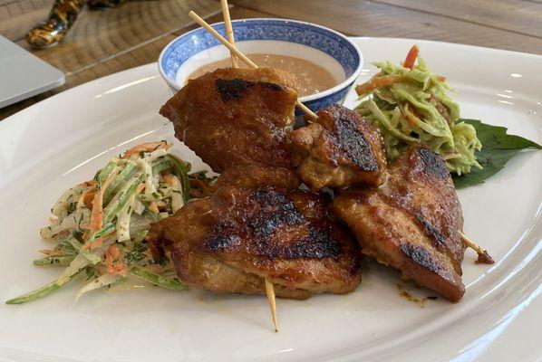 Javanese Chicken Satay, Dutch Slaw, Mango and Thai Basil Slaw, Spicy Peanut Sauce