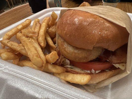 1.31.24 Delicious #3 Bacon  Duo Patty Burger  with Swiss  Cheese, Onion Rings, Basil Aioli & BBQ Sauces