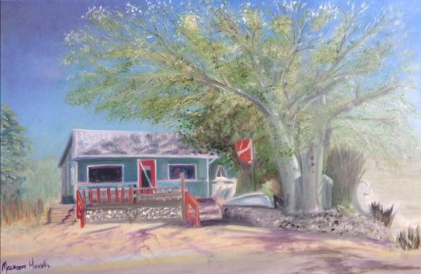 This wonderful painting of our little shop was done by our dive buddy, Maureen Howarth. Thank you SO much!