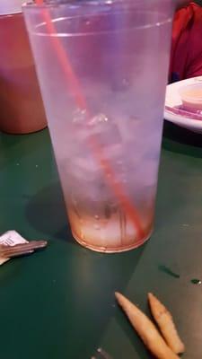 Brown stained cup of water  Very dirty restaurant