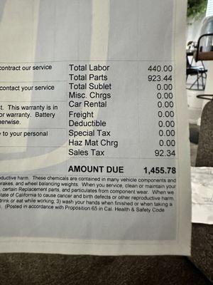 Price of the repair HONDA had to perform to fix the issue Shelby's created