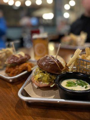 Buffalo Chicken Sandwich and Smash Burger with a side of beer cheese