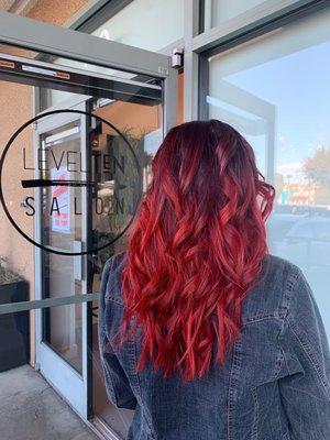 Corrective color to create this cherry red ombré cut and style by Mandy