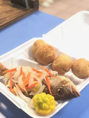 Escovitch Fish w/ Fried Dumplings