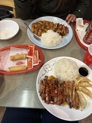 Chicken teriyaki with orange chicken, and chicken teriyaki with gyoza . Vegetables rolls