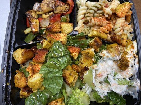 Al-Amir Bowl with chicken tips. Sides: Grilled Veggies and Pasta Salad