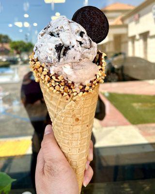 Double Scoop on a Chocolate-Peanut covered Waffle Cone (House Rocky Road & Cookies & Cream) Azusa, Ca