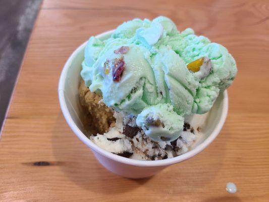 Three scoops - pistachio, moose tracks and coffee