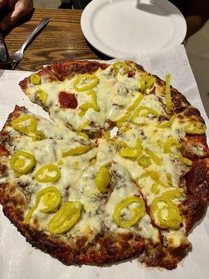 Double crust with sausage, mushroom, and banana peppers