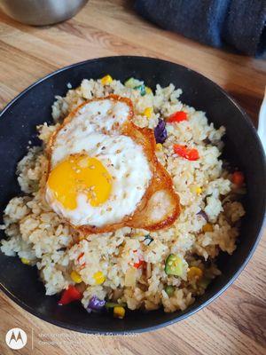 Shrimp Fried rice with a fried egg on top.  Absolutely delicious no complaints whatsoever!   Please eat here if you have the chance!