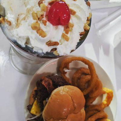 Turtle Caramel Shake and Cowboy (?) Double BBQ with Onion Rings.