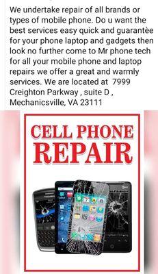 We repair all phones laptop tablets iPad jewelry and replace watch batteries