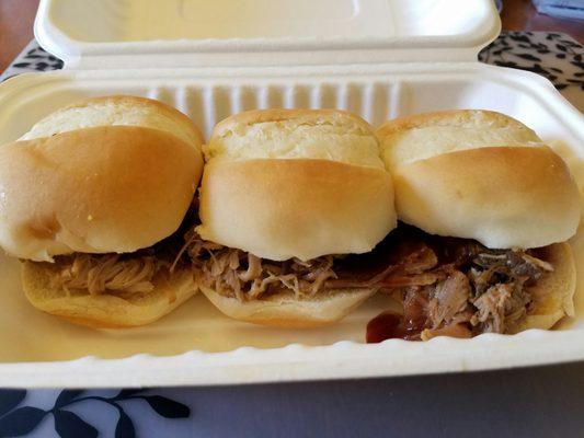 $1 sliders - pulled pork and brisket (on right) shown here