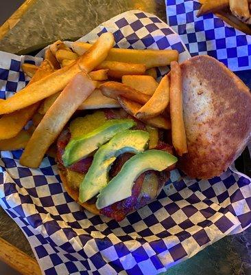 Burger with avocado and toasted bun