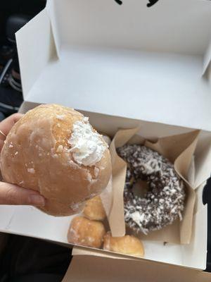 Chocolate coconut donut, cream filled donut, glazed donut holes