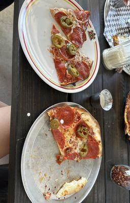 Pepperoni and jalapeño pizza with ranch