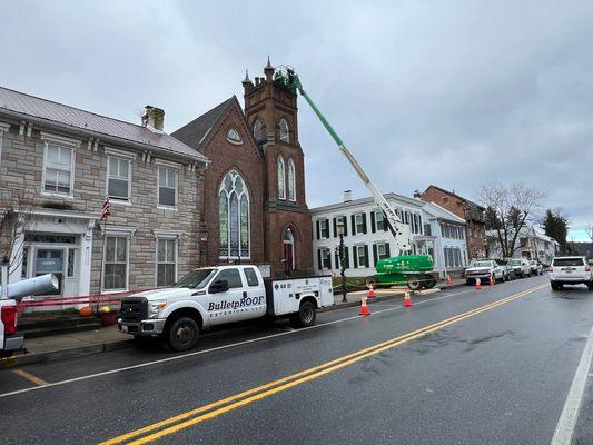 Flat Roof Repair (TPO) of the Church Steeple at Emmitsburg Presbyterian Church in Emmitsburg Md 21788