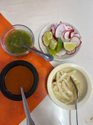 Salsa, pickled onions that are spicy and radishes