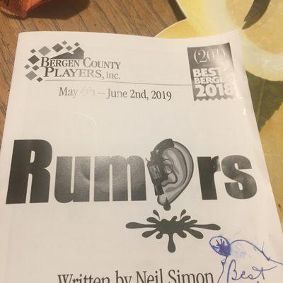 The BCB players playbill for Neil Simon's  Hilarious Neil Simon play...Rumors! Featured at the little old Farmhouse theater in Oradell NJ.