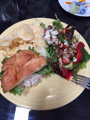 This is half of the chicken salad on a croissant along with potato chips and half of the strawberry walnut salad. Yum!!!!