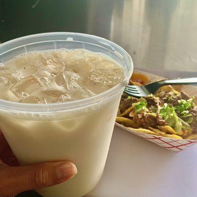 Horchata with birria nachos