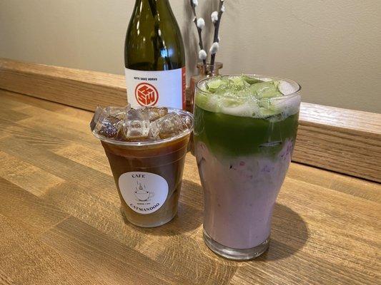 Cold brew and a seasonal drink (iced strawberry matcha with hope and sesame milk)