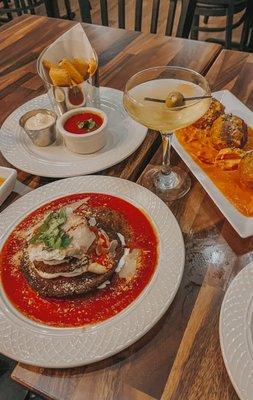 Polenta fries, lobester arrancini, and melanza torre