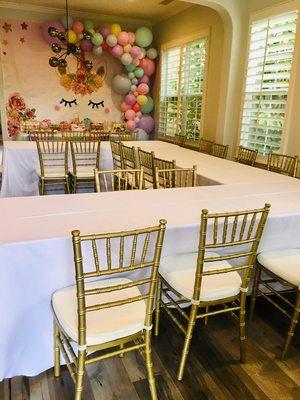 Unicorn themed baby shower with our gold Chiavari chairs, tables, & tablecloths