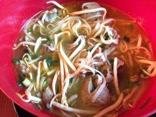 Beef Pho Noodle Soup (take out that's why the bowl is red)