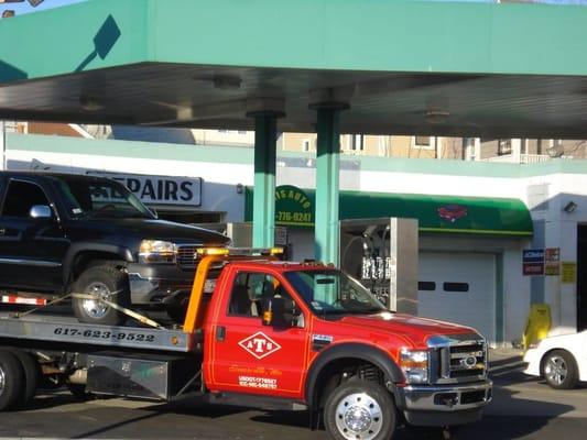 TOWS DONE BY ATS 617-623-9522.  WE WILL ADD TOW TO YOUR BILL SO YOU DON'T HAVE TO PAY THEN.