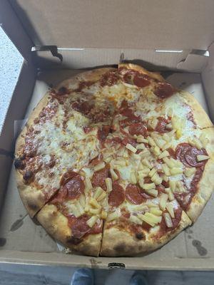 Large pepperoni with half pineapple and half feta cheese