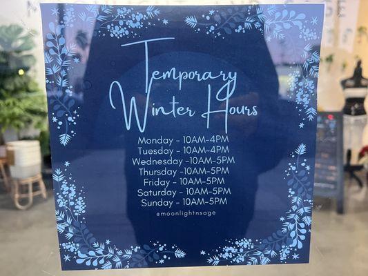 Temporary winter hours ( not reflected anywhere online )