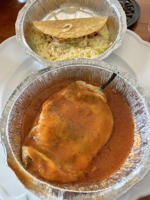 Takeout: Chili Poblano and a hard shell chicken taco.