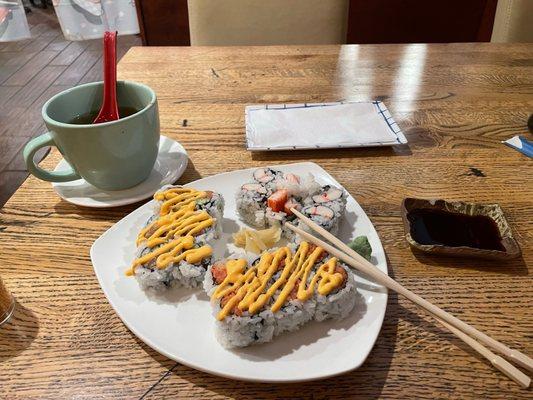 Shumai soup, Spicy tuna roll and Crab Meat Roll