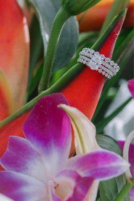 Close up of tropical bouquet with added garden bunches.