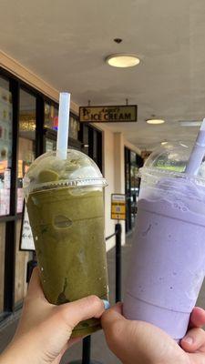 Veggie smoothie and ube milkeshake