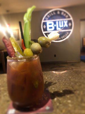 Delicious Bloody Mary with lots of garnish!