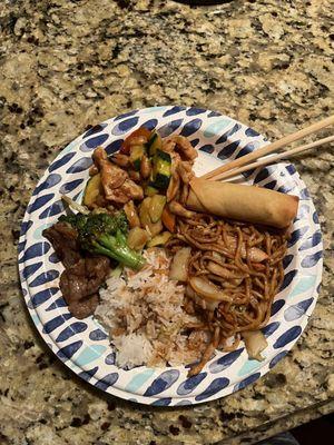 Chicken Lo Mein Plate, Beef with Broccoli, Spring Roll, Kung Pao Chicken