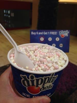 Yay! Dippin' Dots without the theme park :) Regular size, half choco half banana split! And frequent buyer card!