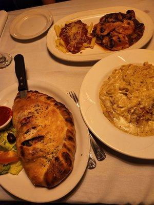 Stromboli calzone, chicken fettuccini alfredo, veal picata