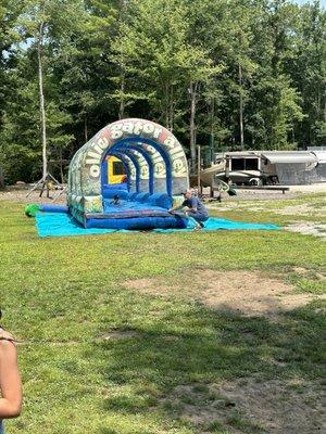 There slip and slide that is set up on the weekends.