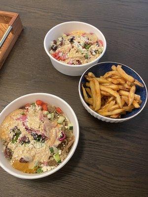 Spicy greek bowls, side of fries