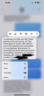 Messages from staff in regards to Tara O'Neale the new director who's ruined this school