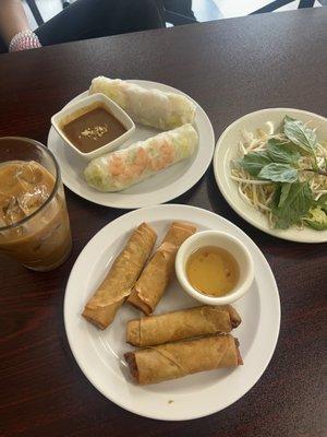 Vietnamese egg rolls, shrimp spring rolls, and Vietnamese Coffee, Large Pho.