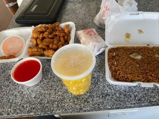 Fried rice, S&S chicken, and egg drop soup