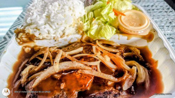 Hamburger Steak w/ Grilled Onions, Tossed Greens w/ 1000 Island Dressing.