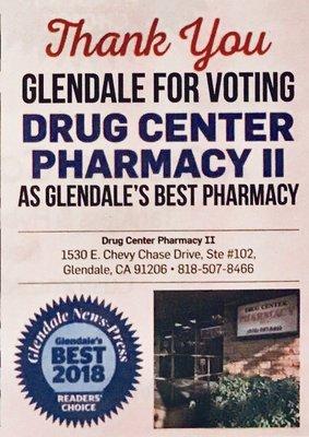 Thank you Glendale for voting us the Best Pharmacy for 2018! We are beyond humbled and grateful!